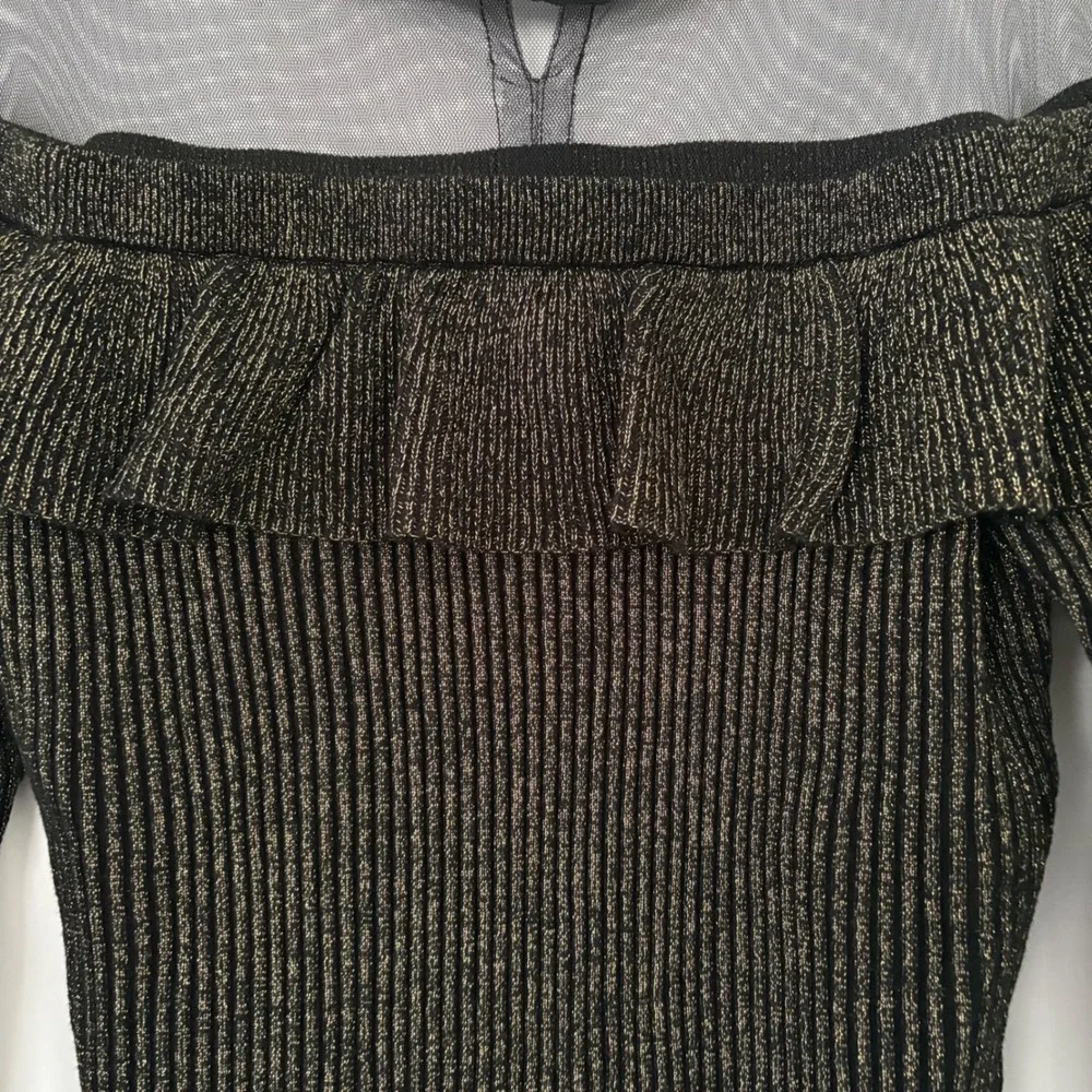 Venus Metallic Gold Ribbed Knit Ruffle Mesh Dress XL Bell Sleeve Mock Neck Party